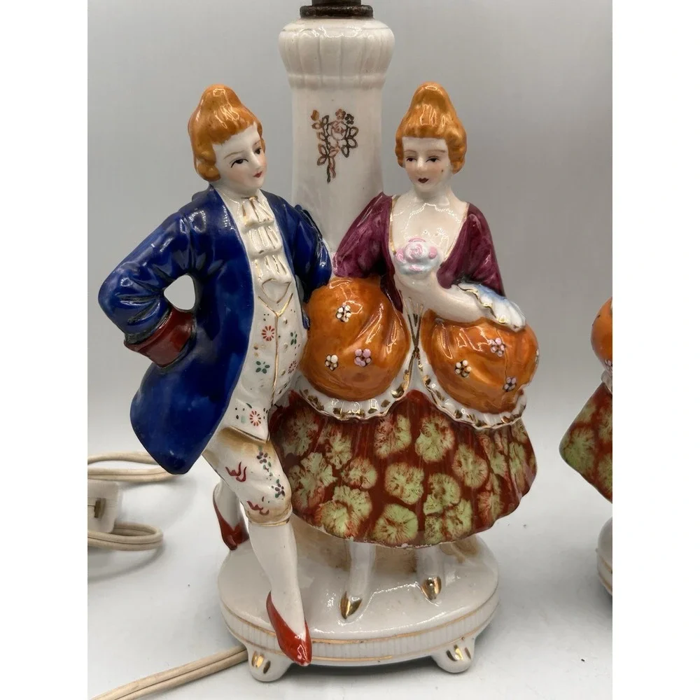 PAIR VINTAGE VICTORIAN‎ COLONIAL COUPLE FUGURINE LAMP HANDPAINTED NIPPON JAPAN